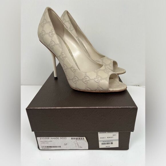 Gucci Guccisima Ivory Leather open Toe Heels Size 37 - Picture 1 of 11